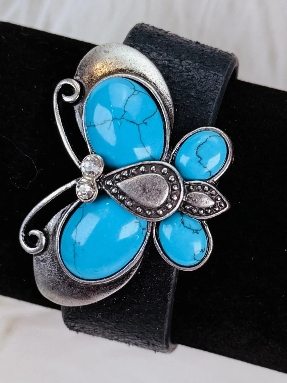 Beautiful BoHo hippie chic butterfly, black leather adjustable bracelet